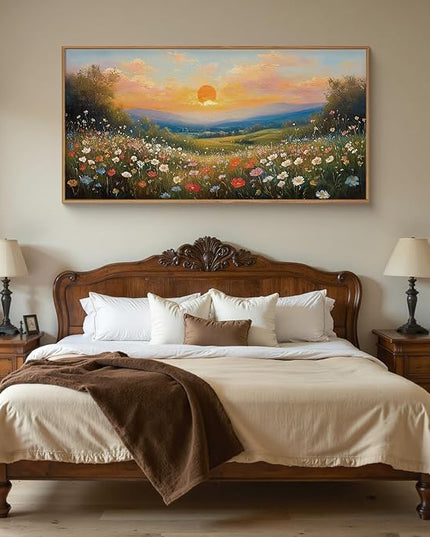 HOURIA Watercolor Sunset Floral Meadow Landscape Framed Canvas Wall Art Set,Boho Vibrant Colorful Wildflower Decor,Modern Nature Inspired Scenery Artwork for Living Room,Bedroom,Farmhouse-20 x40 x1