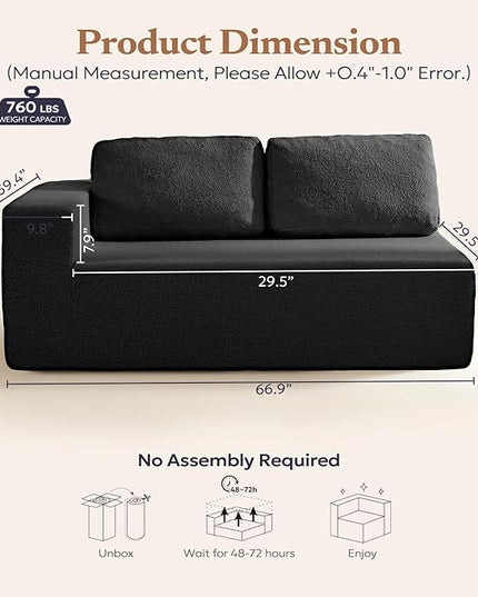 67" Loveseat Sofa, Cloud Modular Couch, Upholstered Floor Sofa with Deep Seat, Upholstered Foam Sofa for Bedroom Living Room, No Assembly Required (Black, Teddy Boucle)