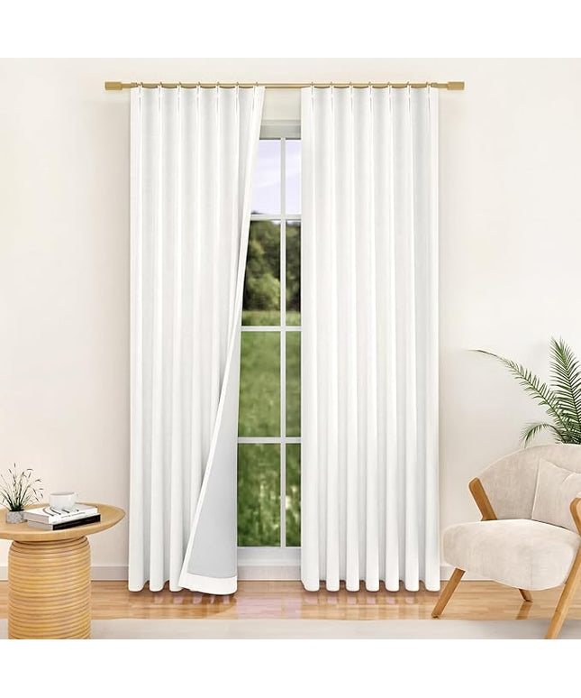 YZ HOME Ivory Pinch Pleated 100% Blackout Curtains 95 Inches Long Linen Room Darkening Window Curtains for Living Dining Room Bedroom Thermal Insulated Pinch Pleat Double Layer Drapes with Hooks
