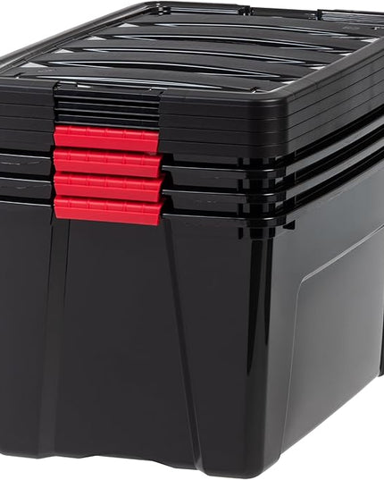 IRIS USA 72 QT Plastic Storage Box with Lid and Latches - 4 Pack - BPA-Free, Garage Organizing Solution, Durable Nestable Stackable Containers, Secure Pull Handle - Black