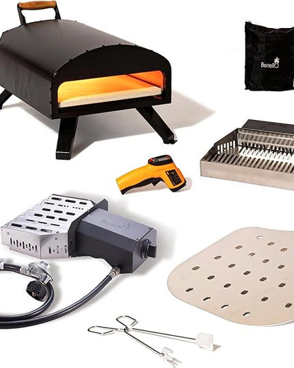 Bertello SimulFIRE Outdoor Pizza Oven Bundle - Wood Fire Portable 12 inch Brick Oven with Gas Burner, Peel, Wood Tray, Cover, & Thermometer - Portable Pizza Maker - As Seen on SHARK TANK