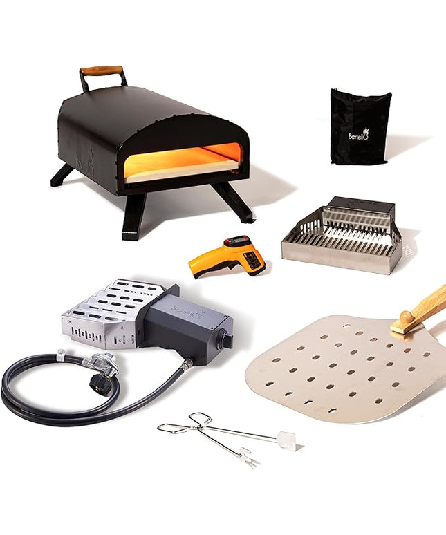Bertello SimulFIRE Outdoor Pizza Oven Bundle - Wood Fire Portable 12 inch Brick Oven with Gas Burner, Peel, Wood Tray, Cover, & Thermometer - Portable Pizza Maker - As Seen on SHARK TANK