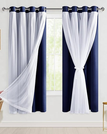 Hiasan Blackout Curtains with Sheer Overlay, Thermal Insulated Privacy Mix and Match Double Layer Window Curtains for Bedroom, Living Room, 2 Drape Panels Sewn with Tiebacks, Navy Blue, 52W X 63L