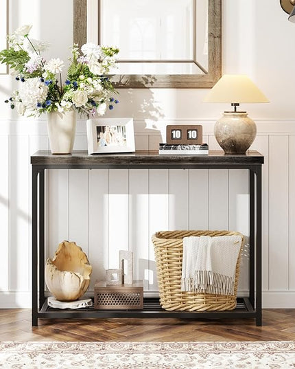 32" Small Console Table, 2-Tier Narrow Entryway Table, Sofa Table with Mesh Shelves, Console Tables for Living Room, Hallway, Entryway, Farmhouse Console Table with Storage, Oak Grey
