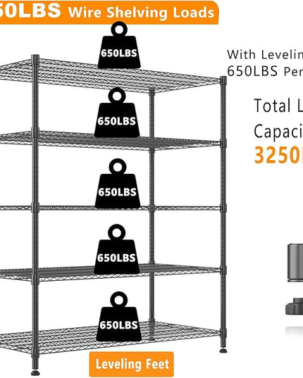 Himimi Storage Shelves 60"W Wire Shelving with Wheels 3250LBS Heavy Duty Metal Shelves for Storage, 5-Tier Adjustable Wire Rack Shelving Garage Shelving Kitchen Storage Shelves 24"Dx60"Wx82"H, Black