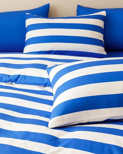 CLOTHKNOW Blue White Queen Comforter Set Striped Farmhouse Bedding Comforter Sets Boho Comforter Queen Farmhouse Comforter with 2 x Pillow Cases