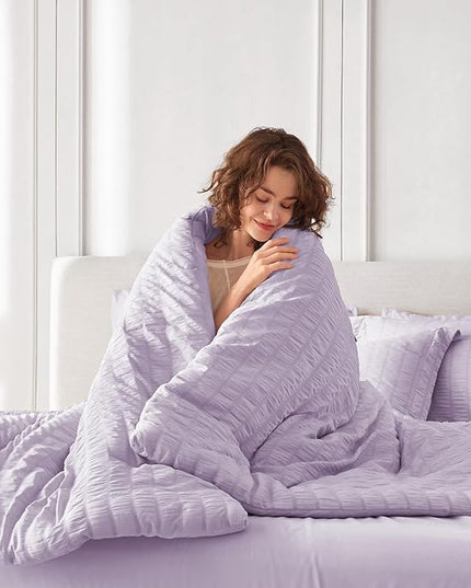 MUXHOMO 7 Pieces King Comforter Set, Seersucker Bed in a Bag King Size, All Season Luxury Bedding Set with Comforter, Flat Sheet, Fitted Sheet, Pillowcases & Shams, Lavender