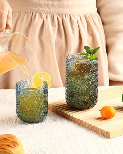 Blue Drinking Glasses Set of 12, 12 Oz Highball & 10 Oz Cocktail Glasses, Blue Kitchen Vintage Glassware Set, Floral Embossed Glass Tumbler Cups for Water, Beer, Juice, Whiskey, Coffee