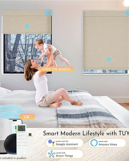 Persilux Smart Motorized Blinds with Remote, No Drill Automatic Roller Shades for Indoor Windows, Blackout Linen Fabric, Electric Blinds for Windows, Nature Khaki C153BO-3, Custom Size