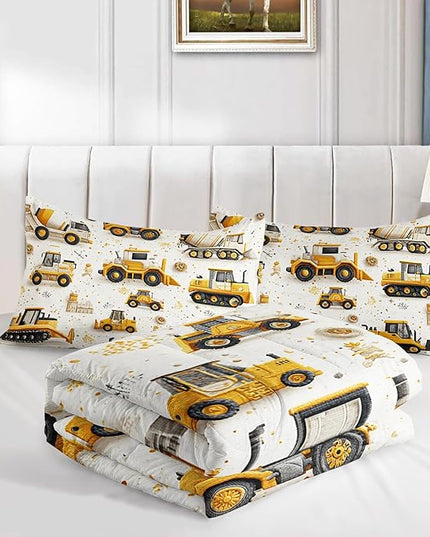 AILONEN Cartoon Construction Trucks Comforter Set Twin Size,Truck Cranes Tractors Bedding Sets,Boys Yellow Machinery Truck Duvet Set,3-Piece, 1 Quilt and 2 Pillowcases,Soft Microfiber