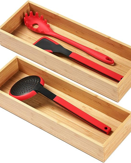 Umilife Bamboo Kitchen Utensils Organizer, Extra Long High Silverware Drawer Holder, Flatware Cutlery Storage Box, Multi-Use Drawer Divider in Office, Bathroom, Pantry - 17"x6"x2.5" (Set of 2)