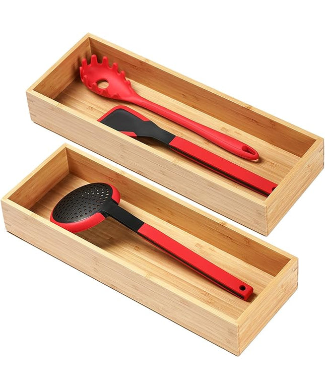 Umilife Bamboo Kitchen Utensils Organizer, Extra Long High Silverware Drawer Holder, Flatware Cutlery Storage Box, Multi-Use Drawer Divider in Office, Bathroom, Pantry - 17"x6"x2.5" (Set of 2)