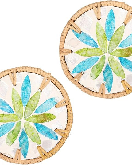 uxcell 2Pcs Handmade Woven Rattan Coasters, Heat-Resistant Drink Coasters for Coffee Table Dining Room Kitchen Coffee Wine Decor, Green Blue Petal