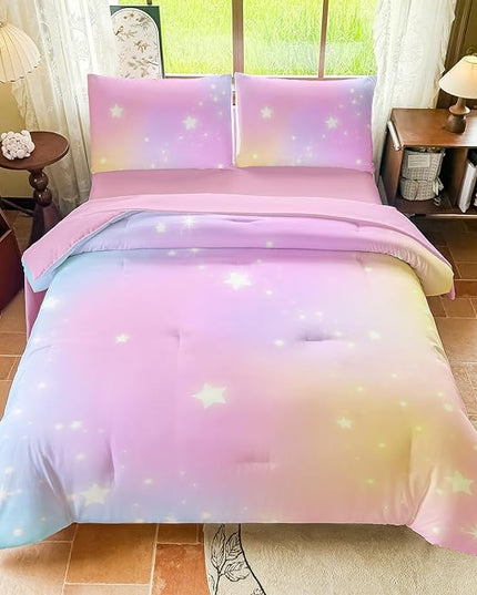 Rainbow Bedding Set Full Size – 5 Piece Reversible Girls Comforter with Deep-Pocket Sheet, Gradient Galaxy Design, Whole-Piece Filling, Machine Washable Bed-in-a-Bag for Kids Room Makeover & Gifts