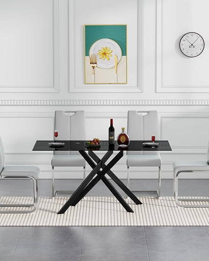 HomVent 5 Pieces Rectangular Glass Dining Table Set, Black Glass Dining Table for 4 Kitchen Table Set with 4 PU Dining Chairs for Kitchen Dining Room