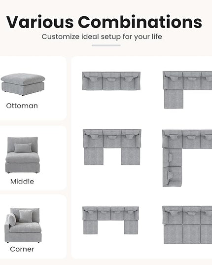 Cloud Couch Modular Sectional Sofa,160" U Shaped Couch, Down Filled Convertible Wide Seater with Ottoman, 8 Seater for Living Room Set,Covers Washable&Replaceable,Gray