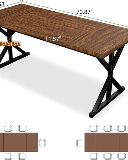 70.8 Inch Rectangular Dining Table for 6-8 People, Farmhouse Kitchen Table with Metal Base & Solid Wood Top, Easy Assembly, Water-Resistant, for Dining Room & Kitchen, Walnut & Black
