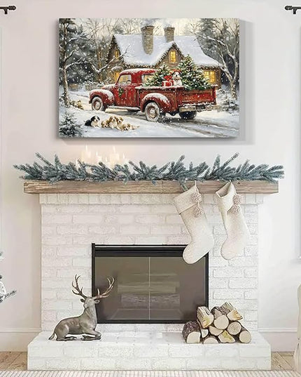 YONICA Christmas Wall Decor Christmas Canvas Wall Art Home Decorations 32x24 Inches - Christmas Pictures Red Truck and Pet Dog s Prints Winter Painting Xmas Artworks for Living Room Bedroom