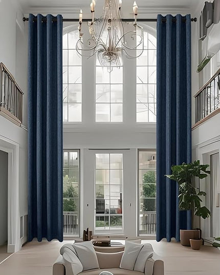 Extra Long Linen Curtains 144 inch Length 2 Panels Thick Faux Linen Blended Window Drapes Burlap Textured Curtains with Grommet for Living Room Farmhouse 12ft (52x144 Navy) Natural