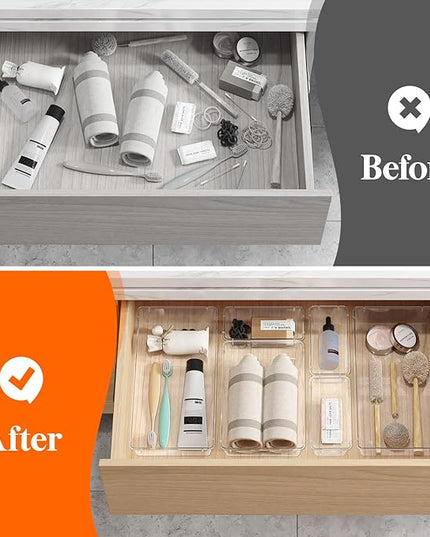 Lifewit 15 Pcs Large Bathroom Drawer Organizers, 3 Sizes Clear Plastic Storage Organizer Trays for Make Up, Kitchen Utensils, Vanity Accessories in Bathroom/Office/Dresser Organization