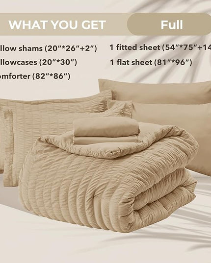 HYMOKEGE Khaki Full Size Comforter Sets Seersucker 7 Pieces, All Season Luxury Bed in a Bag for Bedroom, Bedding Set with Comforter, Sheets, Pillowcases & Shams