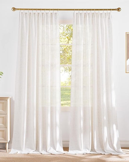 NICETOWN 230GSM Linen Blend Semi Sheer Curtains 96 inches Long, Back Tab & Rod Pocket with Pleat Tab Privacy Farmhouse Window Treatments Light Filtering for Living Room, W52 x L96, 2 Panels