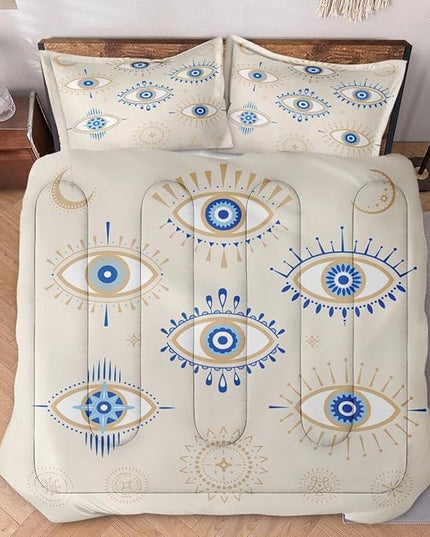 Twin Size Comforter Set with Pillowcase, Bohemian Eye 2 Pcs Bedding for Kids and Adults, Blue Boho Soft Comforter Set for Bedroom Bed Decor