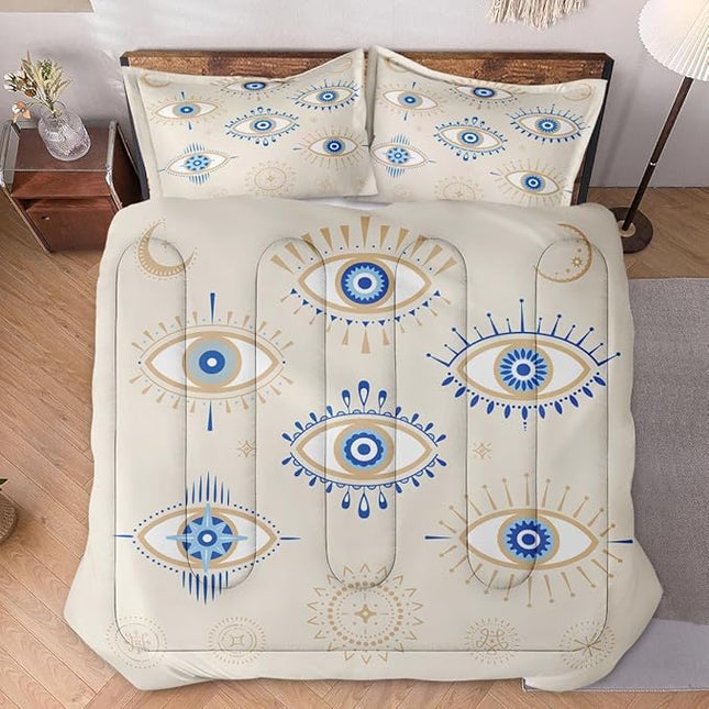 Twin Size Comforter Set with Pillowcase, Bohemian Eye 2 Pcs Bedding for Kids and Adults, Blue Boho Soft Comforter Set for Bedroom Bed Decor
