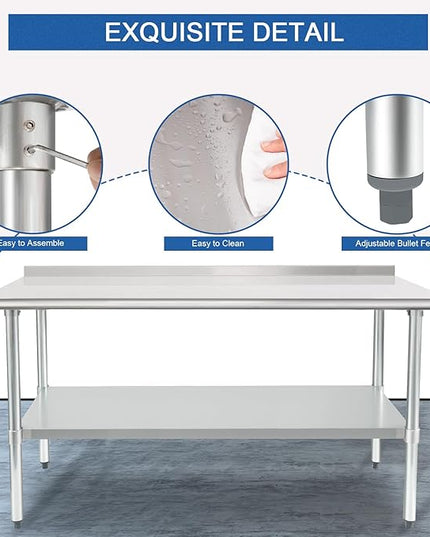 HARDURA Stainless Steel Table Prep & Work Table 24 x 72 Inches NSF Heavy Duty Commercial with Undershelf and Backsplash for Restaurant Kitchen Home and Hotel