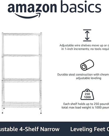 Amazon Basics 4-Shelf Adjustable, Storage Shelving Unit, (200 Pound Loading Capacity per Shelf), Steel Organizer Wire Rack, 13.4"D x 23.2"W x 48"H, Chrome