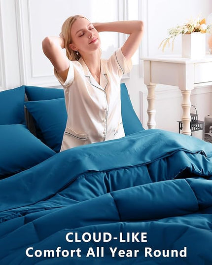 CozyLux King Size Comforter Set Teal, 7 Pieces Bed in a Bag, Teal Comforter King Size, All Season Bedding Sets with Stitch Quilted Comforter, Flat Sheet, Fitted Sheet, Pillowcases