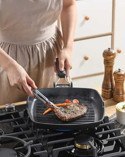 SKITCHN Grill Pan With Folding Handle, Nonstick for Stove Tops, Induction Compatible KBBQ With Pour Spouts, Indoor Square BBQ Grilling - 9IN