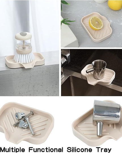 Silicone Bathroom Soap Dishes with Drain Spout-Bathroom and Kitchen Sink Organizer,Sponge Holder,Dish Soap Tray,Perfect for Dispenser,Scrubber,Bottle,Cup on Sink or Counter-Tapioca 4.9"×3.2"