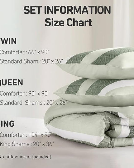 Queen Comforter Set, 3 Pieces Striped Bed Set, Soft Brushed Microfiber Reversible Bedding Set for All Season, Lightweight & Breathable Bedding Set with Comforter & Shams, Sage Green