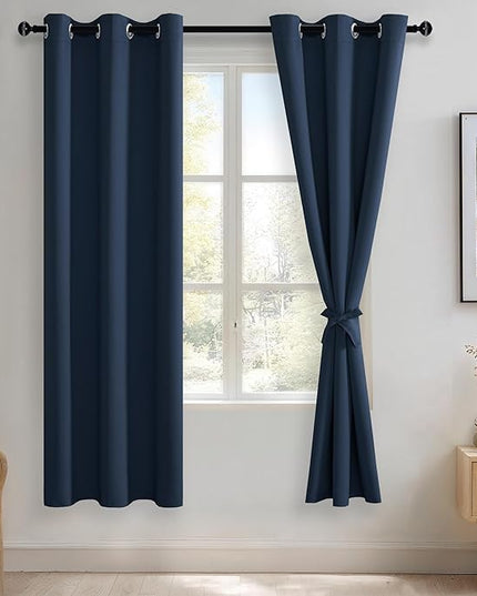 JIUZHEN Navy Blackout Curtains with Tiebacks - Thermal Insulated, Light Blocking and Noise Reducing Grommet Curtains for Bedroom and Living Room, Set of 2 Window Curtain Panels, 42 x 72 Inch Length