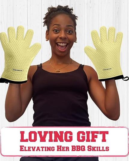 KITCHEN PERFECTION Silicone Smoker Oven Gloves For Women -Extreme Heat Resistant BBQ Gloves -Handle Hot Food Right on Your Smoker Grill Fryer|Waterproof Oven Mitts Grill Gloves |Superior Set+3 Bonuses