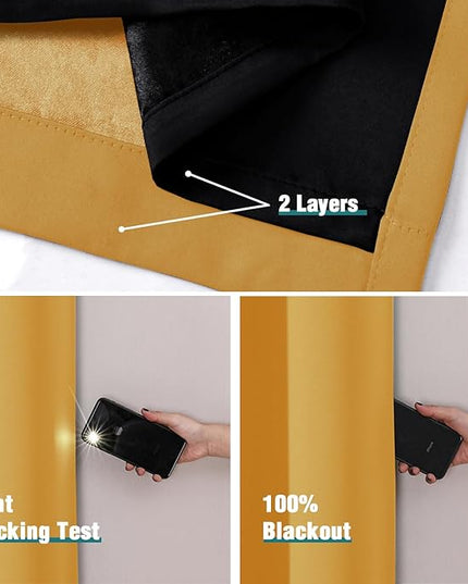 ChrisDowa 100% Blackout Curtains 90 inch Long for Bedroom with Black Liner, 2 Thick Layers Total Blackout Thermal Insulated Grommet Long Window Curtains 2 Panels Set (Mustard Yellow, 52 x 90 Inch)
