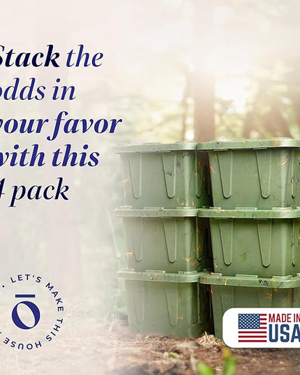 HOMZ 4-Pack Durabilt Tote, Heavy Duty Plastic Storage Bins with Lids, 27 Gallon, Green Camo - Stackable Organizing Containers for Home, Garage, and Office