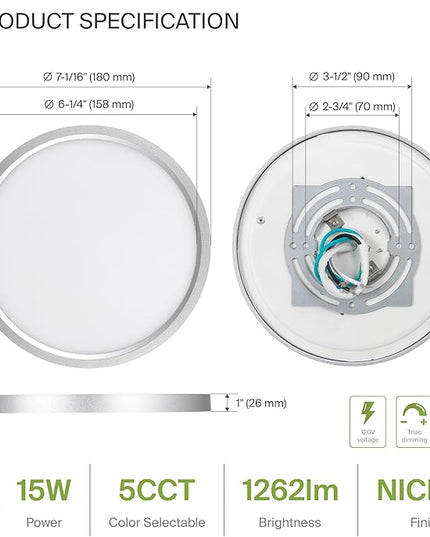 ASD LED 7" Round Flush Mount Ceiling Light Fixture, Low Profile Surface Lighting | 5CCT, Dimmable, Ultra-Thin, ETL Listed | 15W 1260LM 2700-6000K 120V | Kitchen, Bedroom, Hallway Lamp | Nickel, 6 Pack