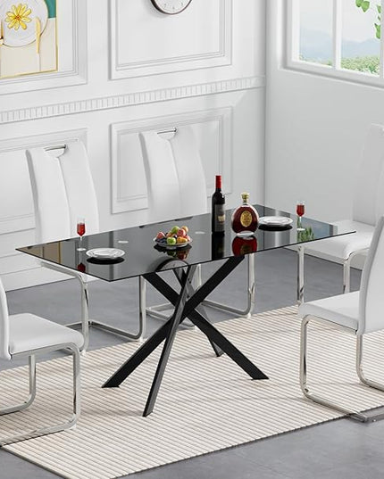 7 Piece Glass Dining Table Set, Glass Kitchen Dining Room Table Set for 6, Modern 51" Rectangular Black Glass Metal Dining Table with 6 White Leather Dining Chairs for Kitchen Dining Room