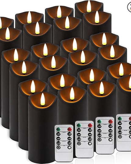 24 Pack Halloween Decoration Flickering Flameless Candles, Battery Operated LED Pillar Candles with Remote Control and Timer.for Home Decor (D2.2 xH 5" 6" 7" Black)