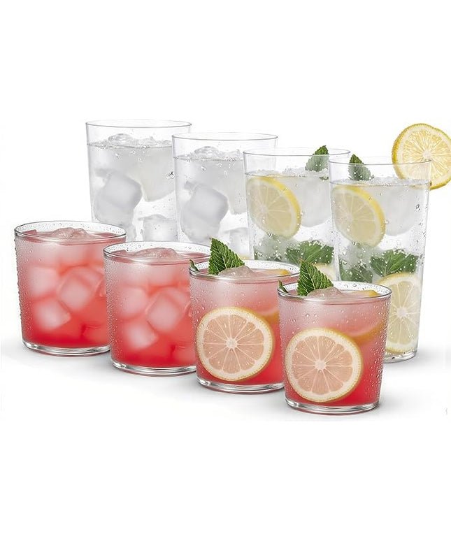 Liacere Drinking Glasses Set of 8, 17 oz Highball Plastic Glasses & 14oz Cocktail Plastic Glasses Set, Kitchen Water Glasses Cup, Bar Tumbler Glassware Set for Beer, Juice, Cocktail, Whiskey, Milk