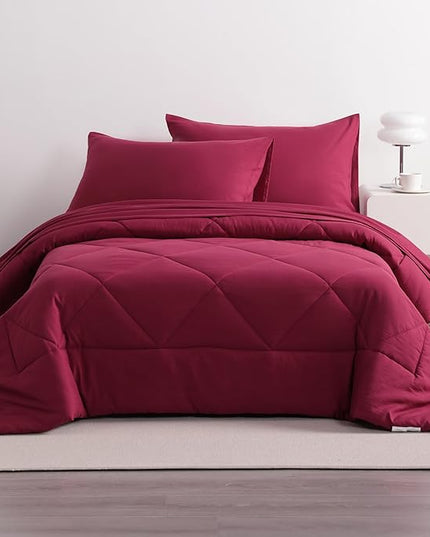 NTBAY Twin Comforter Set with Sheets, 5 Pieces Soft and Breathable Twin Bedding Set, Twin Bed in a Bag, Down Alternative Comforter Set Solid Color All Season, Kids Bedding Set, Wine Red
