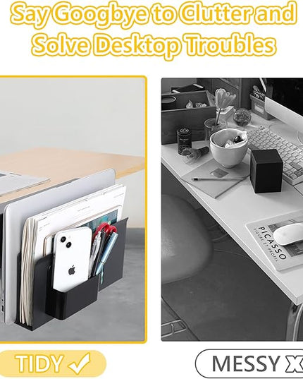2 TIER Desk Side Storage Upgraded Under Desk Organizer, No Drill Hanging Laptop Holder Under Desk, Clamp-On Table Side Tray Steel Desktop Organization for Office and Home (Black)