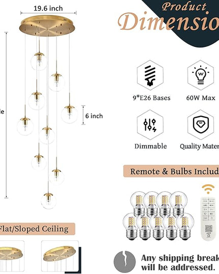 KoKo&Yukina 9-Light Globe Glass Pendant Light Adjustable Length Pendant Lights Fixtures Modern Gold Clear Globe Glass Chandelier High Ceiling Lights Fixtures for Foyer Staircase (Bulb & Remote Incl)