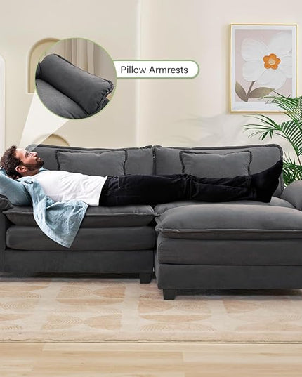 86" Modular Sectional Sofa, Comfy Cloud Couch Sectional Sofa with Ottoman, Velvet Sofa Sleeper Deep Seat Sofa with Throw Pillows for Living Room (Blue Gray, 86"- L Shape)