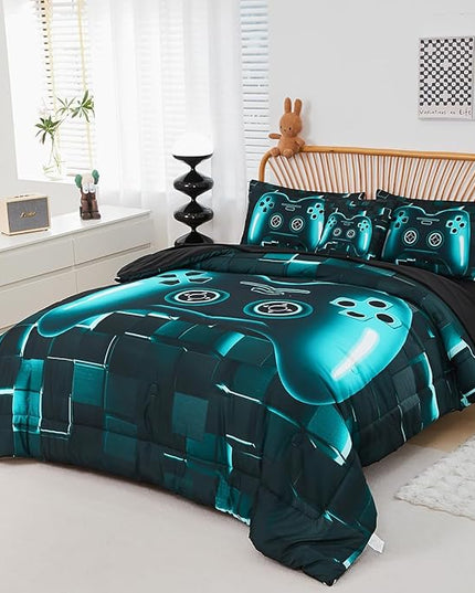 PERFEMET Gamer Bedding Set Twin Size 6-Piece Teal Blue Game Console Bed in A Bag for Boys Kids Teen 3D Black Gamepad Gaming Bedroom Collections(Teal, Twin)