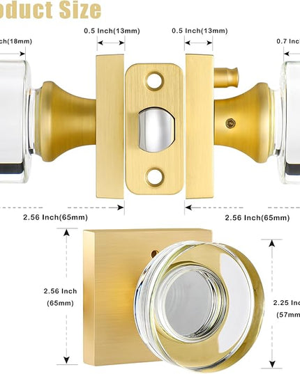 Glass Door Knobs Interior, Privacy Gold Door Knob with Lock, Round Modern Crystal Door Knobs for Bedroom Bathroom, Satin Brass