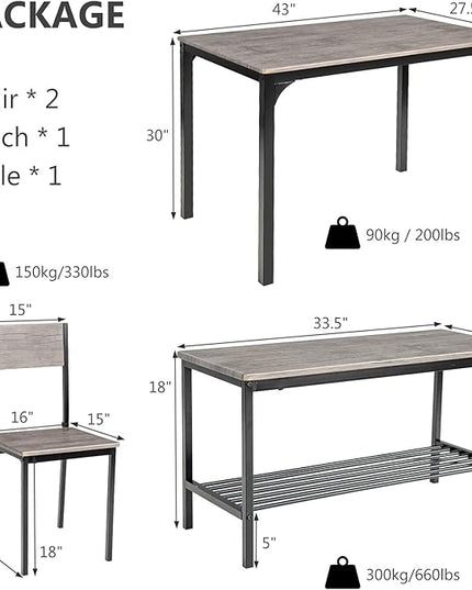 COSTWAY Dining Table Set for 4, Rectangular Kitchen Table Set with Bench and 2 Chairs, Storage Rack & Metal Frame, 4-Piece Dining Room Table and Chairs Set for Small Space, Apartment (Grey)