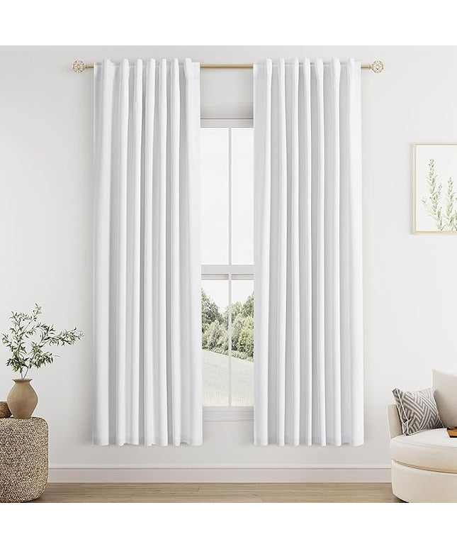 Guken White Linen Blackout Curtains 52 Inch Wide by 74 Inch for Living Room Bedroom Back Tab Thermal Insulated 100% Black Out Linen 2 Drapes Room Darkening Window Curtains White,2 Panels